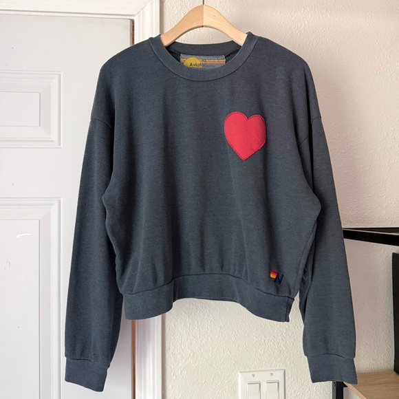 Aviator Nation Sweaters - AVIATOR NATION charcoal grey heart patch crew boxy cropped oversized sweater